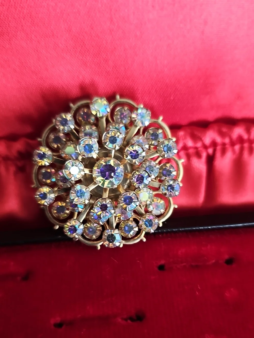 Gold-Tone Aurora Borealis Crystal Floral Brooch - Pink Accent